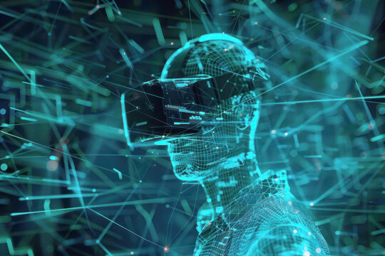 A virtual reality simulation of a cyber attack, a user navigating through a digital landscape representing network defenses.