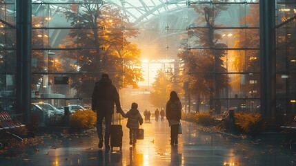 Obraz premium A group of people walking down a street with luggage, including a child