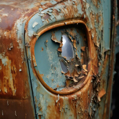 Close-up image of peeling paint and rust on an old, weathered vehicle, showing textures and details of decay and time.