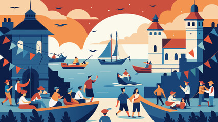 Vibrant Harbor Festival Scene with People and Boats at Sunset. Vector illustration for World maritime day