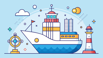 Vibrant Nautical Adventure: Illustrated Cargo Ship and Lighthouse. Vector illustration for World maritime day
