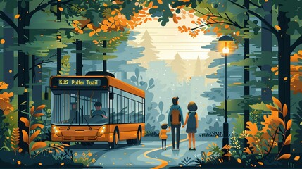 Obraz premium A bus is driving down a road with a couple and a child walking in the woods