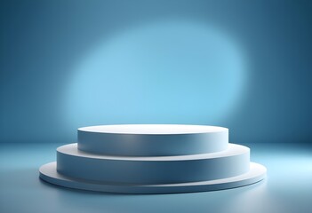 A three-tiered circular product white stand set up on a blue background, in a 3D style, set up in studio lighting
