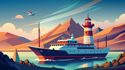 Serene Coastal Scene with Lighthouse, Yacht, and Mountains at Sunset. Vector illustration for World maritime day