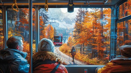 A group of people are riding a bus through a forest with autumn leaves