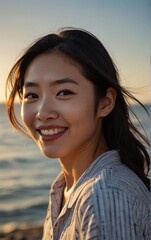 海辺で微笑む女性のサマーショット