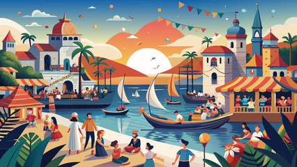 Vibrant Summer Festival by the Sea with Cultural Activities. Vector illustration for World maritime day