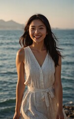 海辺で微笑む女性のサマーショット