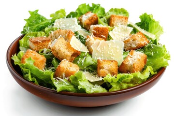 Classic Caesar salad with croutons and parmesan on a white background