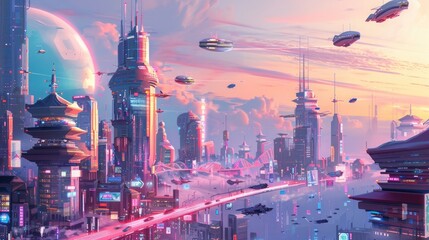A vibrant cityscape with futuristic buildings and flying cars.