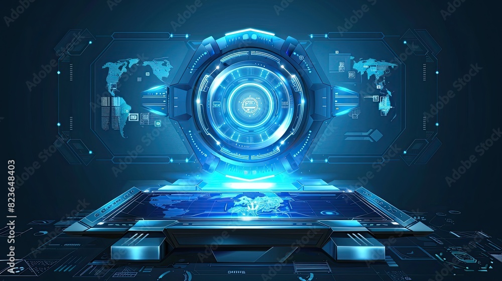 Poster high-tech futuristic interface with holographic globe and world map, showcasing advanced technology 