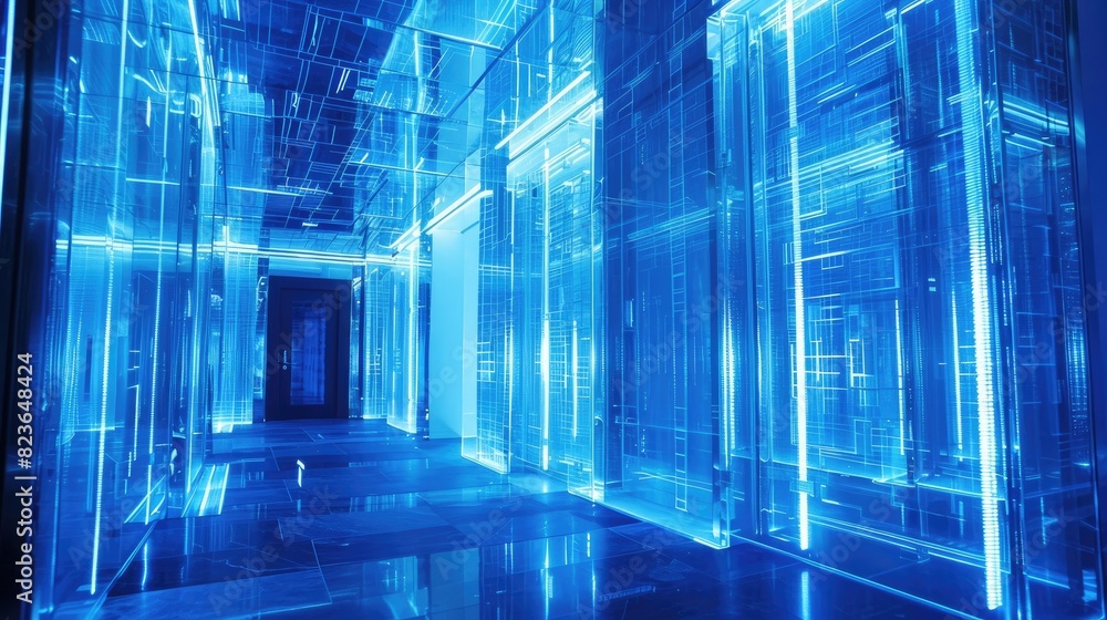 Aufkleber futuristic data center with rows of high speed servers emitting blue light, cool and efficient