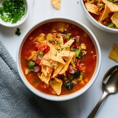 Taco Soup in small white bowl with crushed tortilla chips