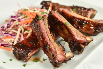 Plate of tender BBQ ribs with coleslaw on a white background
