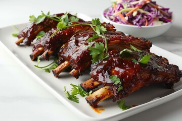 Plate of tender BBQ ribs with coleslaw on a white background