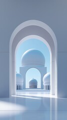 Vertical Image Of A White Room With An Arch Door Showcasing A View Of A Mosque.
