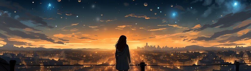Illustration of a woman standing on a rooftop at night, gazing up at the stars and constellations, feeling a deep connection to her zodiac sign