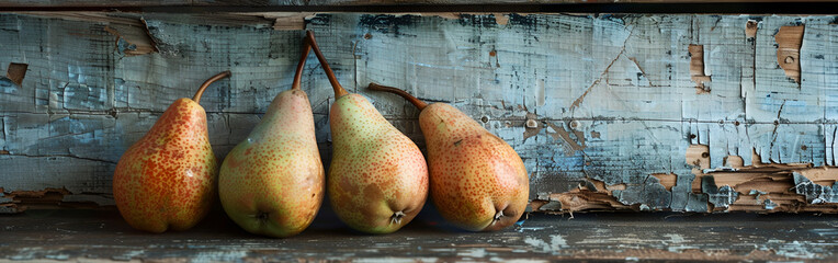 Side view of fresh two pears in a line on rough wall background