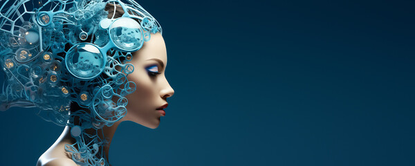 Banner with female robotic young woman portrait on dark blue background with copy space, concept of innovative digital futuristic electronic interface with artificial intelligence.