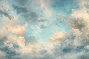 A soothing tapestry of sky blue and soft gray oil paint clouds, evoking the tranquil spirit of a cloudy day.