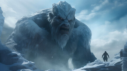 Fototapeta premium Giant ice creature in a frozen landscape, towering over a lone human. Epic winter fantasy scene filled with adventure and mystique.