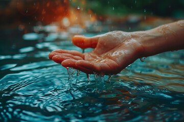 Water flows through a person's hand in a beautiful, serene setting.