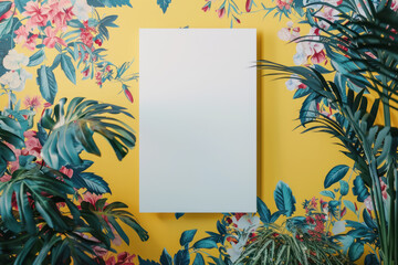 sunny nursery room decor with white frame on bright floral wallpaper