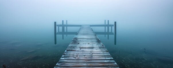 Wooden pier extending into calm water, morning mist close up, focus on, copy space, cool and peaceful colors, Double exposure silhouette with serene waterfront