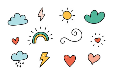 cute hand drawn doodle vector set, love, Natural , firework, cloud, weather, rainbow, snow, heart and creative design