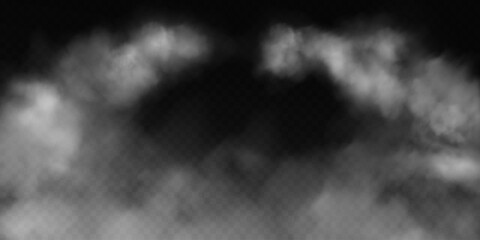 Fog or smoke, white smog clouds on floor, isolated transparent special effect. Vector illustration, morning fog over land or water surface, magic haze.	