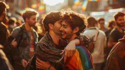 Fototapeta premium Gay couple embracing joyfully at a pride parade, surrounded by a crowd, capturing love, acceptance, and celebration in a vibrant, festive atmosphere.