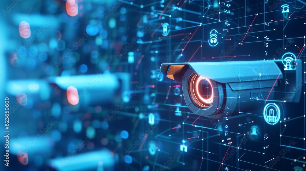 Poster a highly detailed image of a modern security camera over a digital network background with glowing i