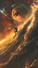 Surfer Riding Fiery Cosmic Wave in Space