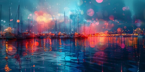 Urban waterfront at night, boats and docks illuminated close up, focus on, copy space, glowing and enchanting colors, Double exposure silhouette with water reflections