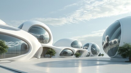 A Modern Minimalist White Dome-Shaped Building And Green Environment.