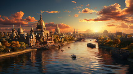 Fototapeta premium Behold The Iconic River That Winds Its Way Through The Historic Cityscape Background