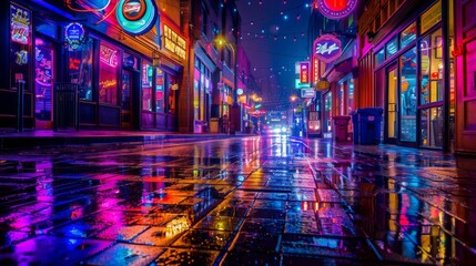 Vibrant neon-lit street scene at night, with colorful signs and reflections creating a dynamic atmosphere --ar 16:9 --style raw Job ID: 04eb356e-0062-460f-81ba-d49b6306b046