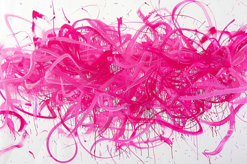 A chaotic, tangled web of hot pink acrylic paint, vivid and expressive, on a solid white background, capturing the frenetic energy of urban graffiti.