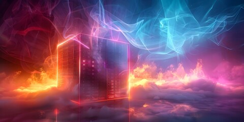 A futuristic data center cube encased in clouds with glowing lights. Concept Science Fiction, Technology, Data Centers, Futuristic Design, Cloud Computing