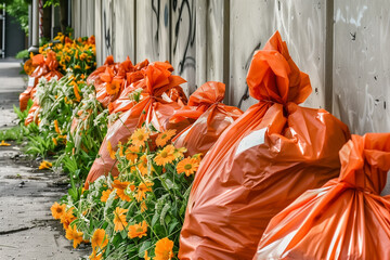 A row of plastic bags with flowers in them are on the sidewalk