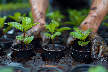 A person is planting small green plants in plastic cups. The plants are in a nursery and the person is wearing gloves