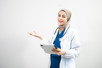 Muslim Arab person. The face of a female doctor on an isolated white background.