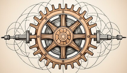 Drawing of a gear - engineering blueprint and authentic hand drawn effect