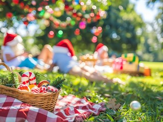 Outdoor Christmas Picnic with Santa Hats