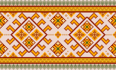 Orange flowers geometric seamless ethnic pattern design for fabric, clothing, wallpaper, background, wrapping, batik, sarong, embroidery, curtain
