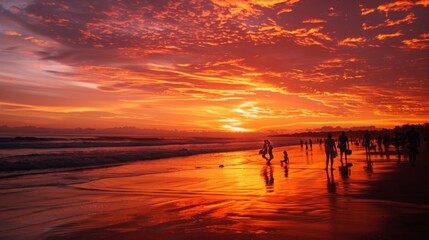 Fototapeta premium Sunset at the beach, with silhouettes of people and the sky painted in shades of orange and pink --ar 16:9 --style raw Job ID: f3920da0-5a60-4fcb-9a47-dc14402f5a35
