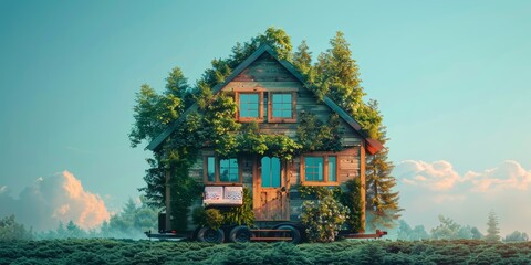 Tiny house in nature, efficient and green living close up, focus on, copy space, cozy and vibrant colors, Double exposure silhouette with ecofriendly architecture