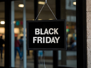 A black friday sign hanging on a store window, design