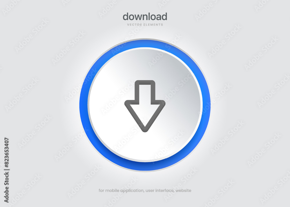 Poster 3D download button icon. Upload icon. Down arrow bottom side symbol. Click here button. Save cloud icon push button for UI UX, website, mobile application.