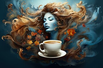Surreal art of a woman's face with flowing hair and autumn leaves merging with a coffee cup